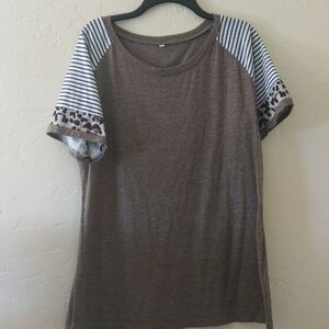 Brown T-Shirt with Striped and Leopard Sleeves